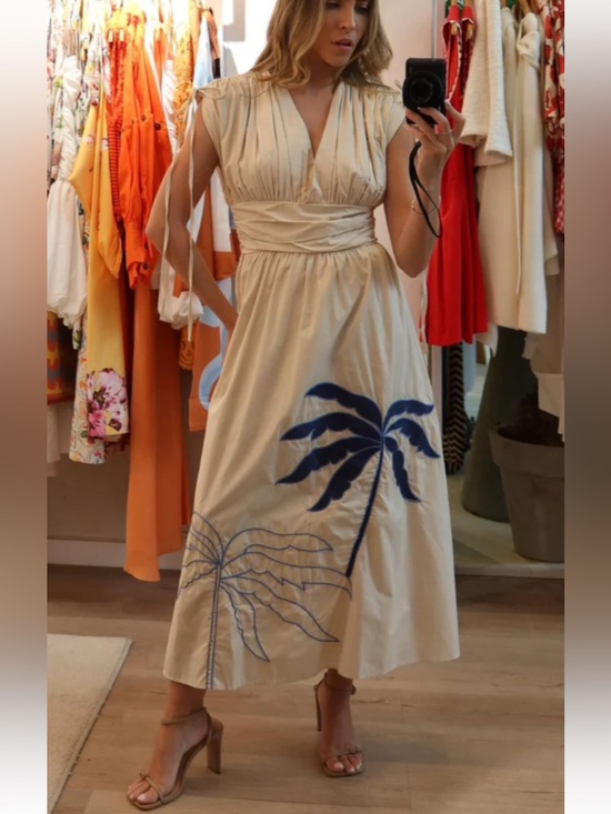 Ciebon Dresses & Skirts - Ciebon Gale Cream Midi Dress with Navy Palm Motif cotton M
